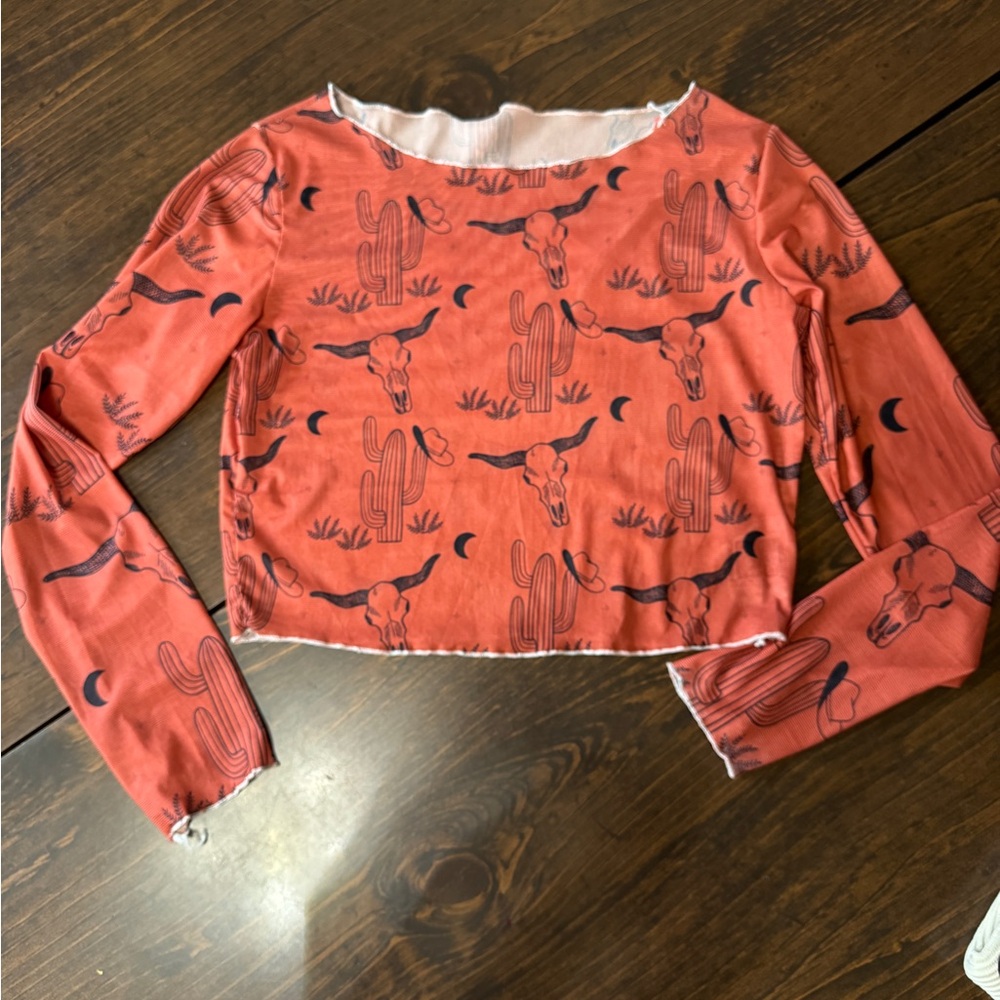 Red Long Sleeve Crop Top with Western Print